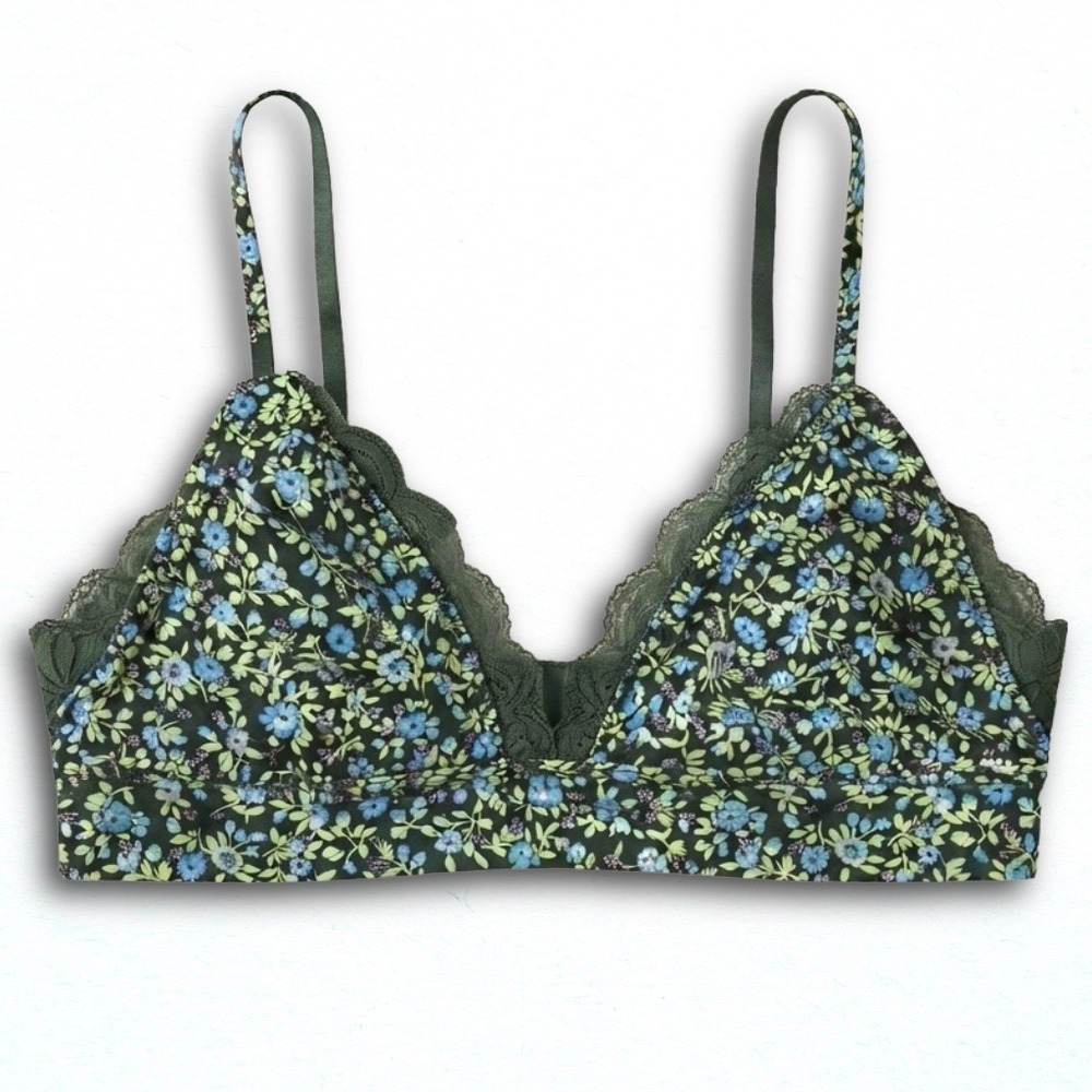 Aerie Floral Lace Trim Bralette Green Blue Wildflower Wireless Triangle Bra M